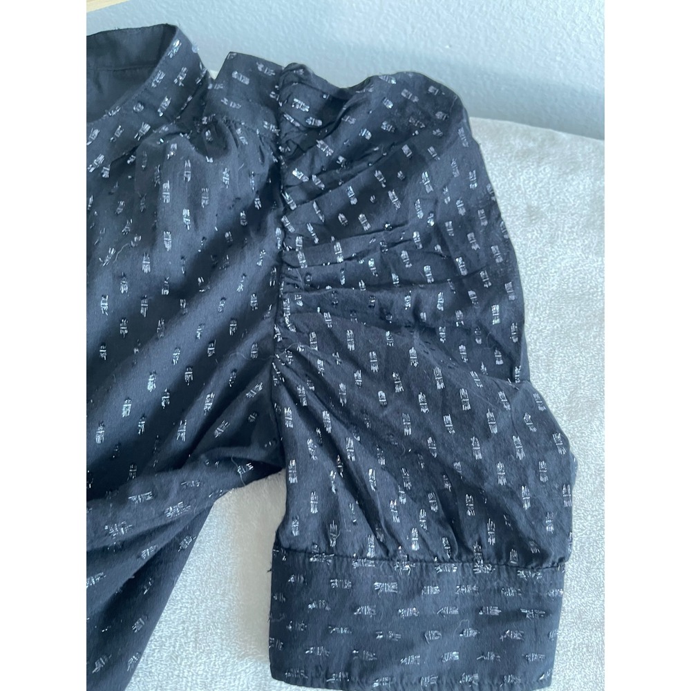 Gap Womens Black Silver Metallic Clip Dot Puff Sleeve Button Front Blouse M - Picture 10 of 12